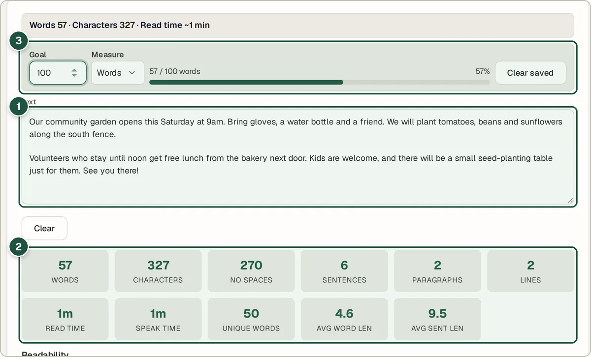 Wivrix Word Counter with sample text, live word and character stats and a writing goal bar