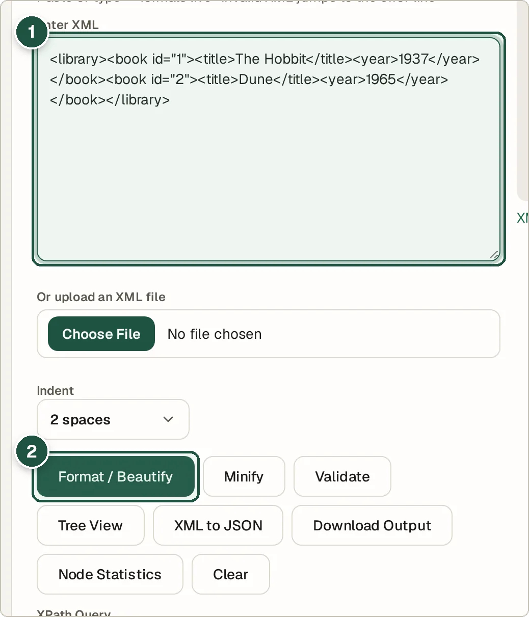 XML formatter with a one-line book library XML pasted in