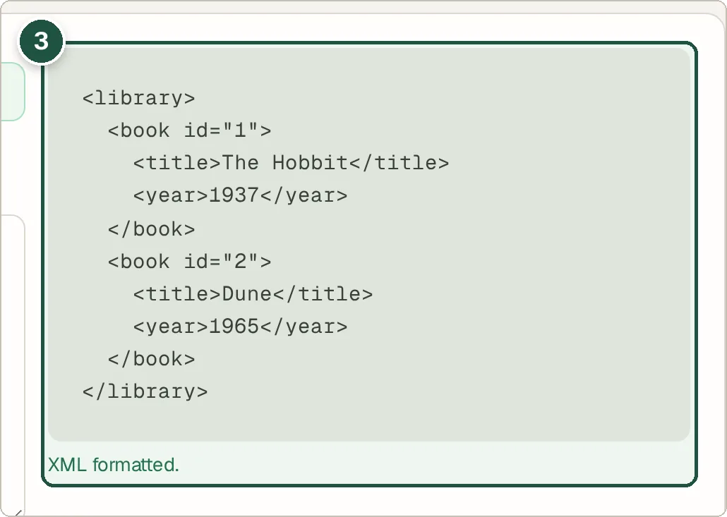 Indented XML output listing two books